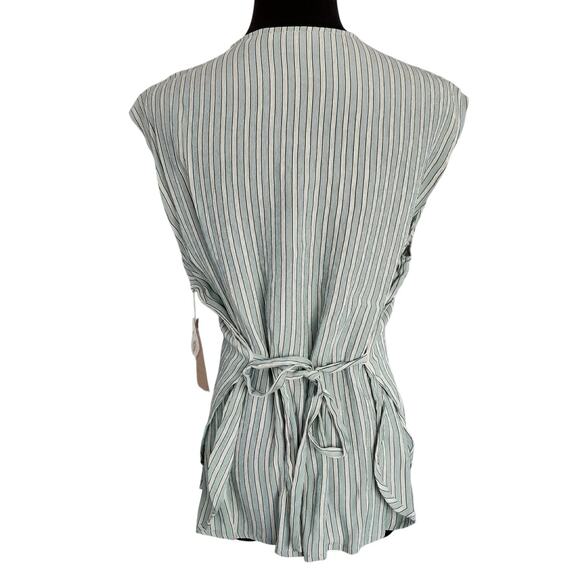 Vintage 90s Pinstripe Waist Coat Vest Tie Back Blue Button Front Sleeveless L - Picture 2 of 11